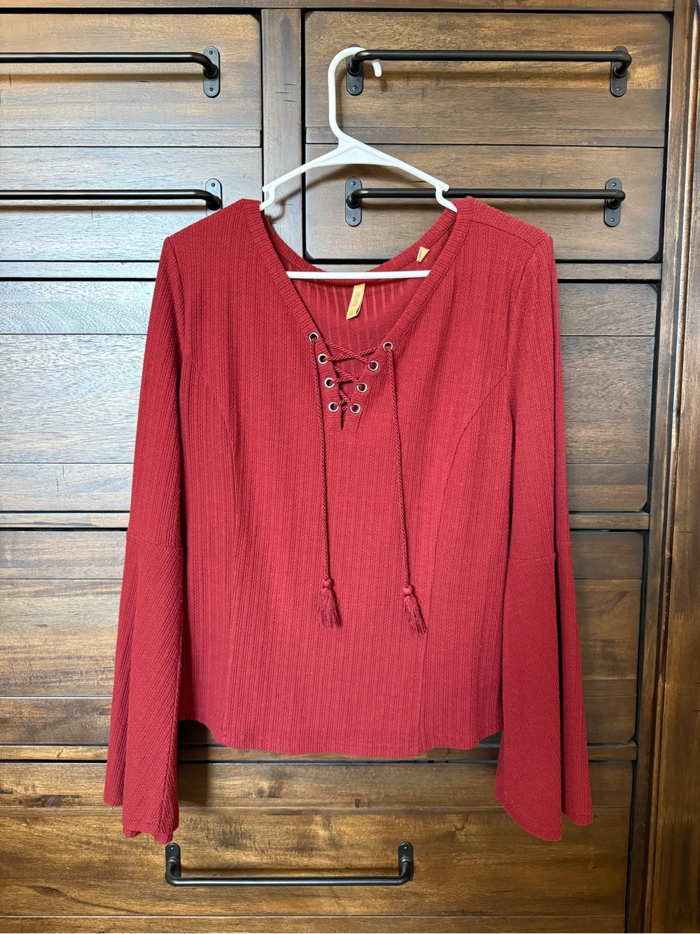 Women’s Lace-Up Ribbed Long-Sleeve Top - Burgundy